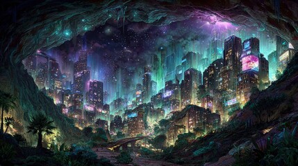 Glowing Fantasy City In Cave At Night