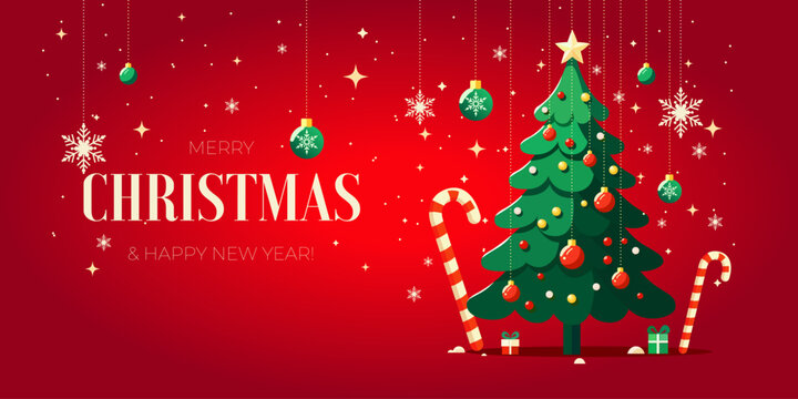 Merry Christmas greeting card. Christmas Tree on Red Background. Christmas card illustration. Merry Christmas background with Christmas tree and snowflakes. Christmas red banner design