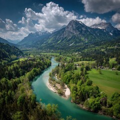 Serene Alpine River Winding Through Valley
