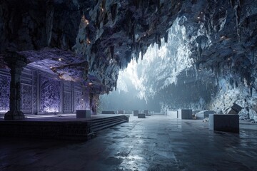 Digital Cave Landscape With Glowing Structures