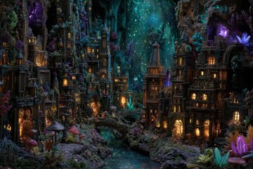 Obraz premium Fantasy Illuminated Crystal Cityscape Under Glow