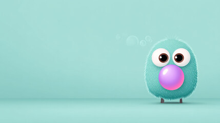 Fototapeta premium Cute fluffy cartoon monster with bubblegum on light blue background