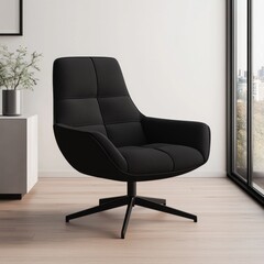 Naklejka premium Modern Black Swivel Chair with Quilted Texture, Living Room Decor ,Furniture Design