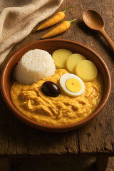 Peruvian aj&iacute; de gallina. A traditional creamy chicken dish with rice, potatoes, egg, and olives. Delicious food, Peru.