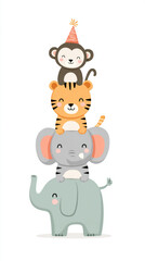 Fototapeta premium Cute animal stack with elephant, tiger, monkey in birthday hat