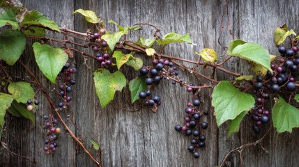 Purple berries on wooden fence
