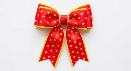 Festive Red Ribbon with Yellow Stars on White Background Gift Decoration for Celebrations and Special Occasions Top View