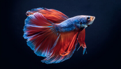 Fototapeta premium Graceful Betta Fish Swimming In Vibrant Colors With Flowing Fins Against A Dark Background