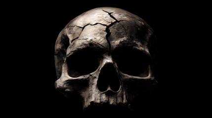 Creepy human skull with cracks, realistic, centered, single object, isolated PNG style