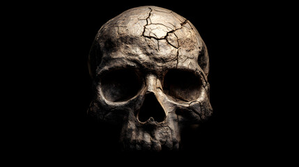 Creepy human skull with cracks, realistic, centered, single object, isolated PNG style