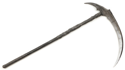 Grim Reaper scythe, sharp silver blade with dark handle, horror prop, single object, PNG cutout