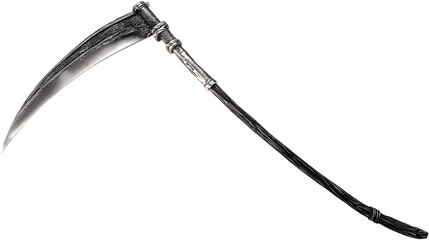 Grim Reaper scythe, sharp silver blade with dark handle, horror prop, single object, PNG cutout