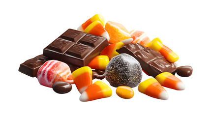 Pile of Halloween candies, candy corn, lollipops, chocolate bars, isolated, PNG style