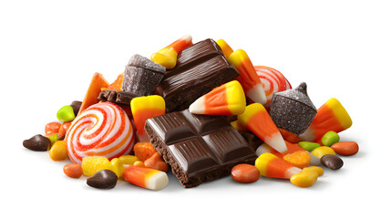 Pile of Halloween candies, candy corn, lollipops, chocolate bars, isolated, PNG style