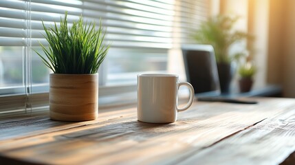 Cozy home office workspace with a coffee mug on a wooden desk bathed in warm morning sunlight from a window