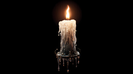 Candle with dripping black wax, eerie flame, gothic horror object, single PNG cutout