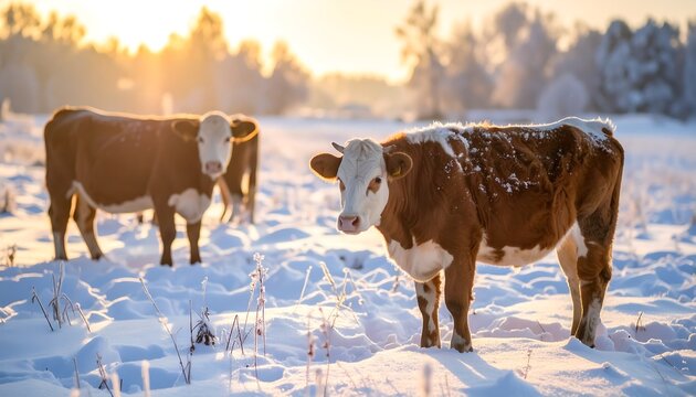 Cows in snowy field at sunrise