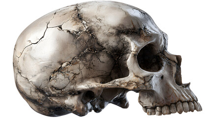 Creepy human skull with cracks, realistic, centered, single object, isolated PNG style