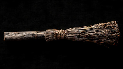 Old witch broomstick, rustic wooden texture, isolated, PNG style