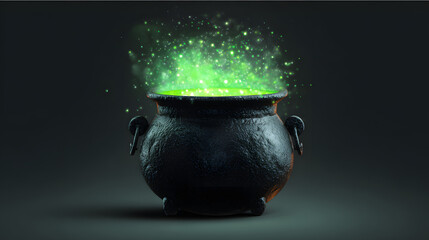 Witch cauldron with green glowing potion bubbling, isolated object, PNG style