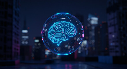 Brain in a Digital Sphere Artificial Intelligence Concept with Cityscape Backdrop