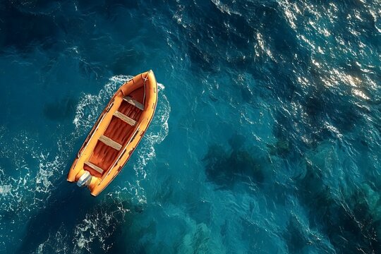 Top view of an orange inflatable boat sailing on clear blue water, creating a beautiful contrast between the vibrant color of the boat and the deep blue of the sea - Powered by Adobe