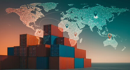Global Trade Interconnected Logistics Network with Shipping Containers and World Map