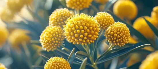 Close-up of vibrant yellow Billy buttons (Craspedia) with soft focus and natural light, nature's beauty