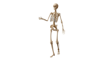 Anatomical representation of a complete human skeleton standing upright.