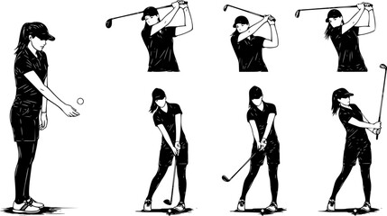 Naklejka premium Set of Woman Playing Golf Silhouettes. Realistic Vector Illustrations of Female Golfer Bouncing Ball and Sporting Activities