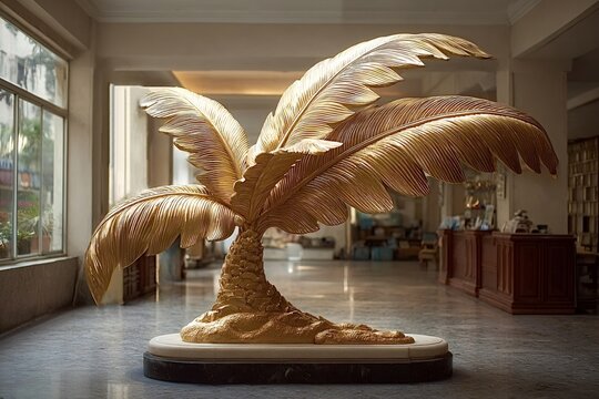 Large golden palm tree sculpture creating a sophisticated and tropical ambiance in the lobby of a luxurious hotel, enhancing the elegant interior design and opulent atmosphere