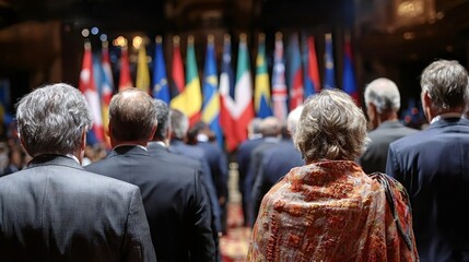 Obraz premium Politicians and other officials are attending an important international summit, standing with their backs to the viewer in front of european flags