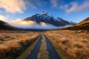 Obraz premium Gravel Road Leading to Snow-Capped Mountain Peak with Foggy Base in Golden Field