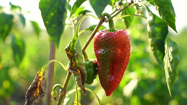 Close Up of a Wilting Red Pepper Hanging from a Plant in a Farm Field with Green Leaves and Soil under Bright Daylight Showing Signs of Agricultural Issues 190 chars