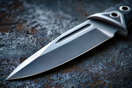 Close up view of a sharp tactical knife resting on a textured metal surface, showcasing intricate craftsmanship and design details of the blade against a rugged backdrop - Powered by Adobe