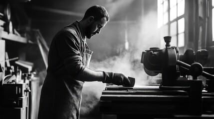Blacksmith Craftsman at Work Forging Metal in a Traditional Workshop