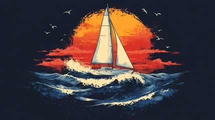 Sailing Adventure A Silhouette of a Yacht Navigating the Ocean at Sunset, Amidst Waves and Soaring Seabirds