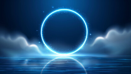 Futuristic glowing neon circle floating above a reflective water surface with mist and star effects, symbolizing technology, energy, infinity, and modern abstract sci-fi background concepts.
