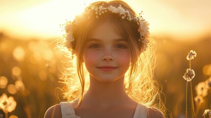 Golden Hour Glow A Young Girl in a Floral Crown Bathed in Sunlight