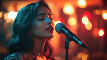 A beautiful female vocalist delivering a soulful and passionate performance on stage with a microphone in a dimly lit club