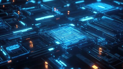 Obraz premium Futuristic Glowing Circuit Board with Blue Light Trails and Microchips.