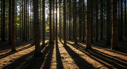 Obraz premium Sunlight Streaming Through A Dense Pine Forest.