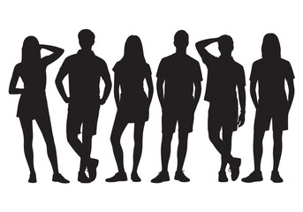Obraz premium Diverse group of young people silhouettes standing together in casual attire outdoors white background