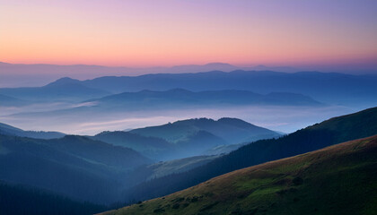 Obraz premium Soft Pastel Mountain Landscape With Misty Hills And Calm Atmosphere At Dawn