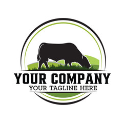 Farm logo with cow grazing in a field, isolated on white background