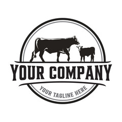 Vintage cattle logo with company name and tagline isolated on white background