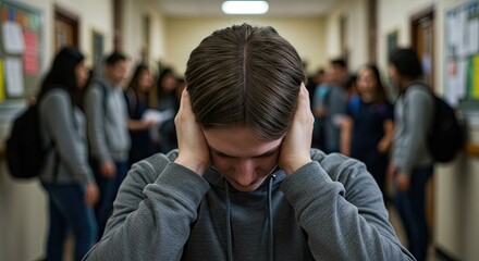 Sad Teenager Covering Ears in Gray Hoodie in School Hallway