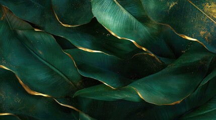 Luxurious dark green leaves with elegant gold trim background.