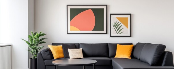 Modern Living Room with Abstract Art and Gray Sofa, Home Decor ,Interior Design