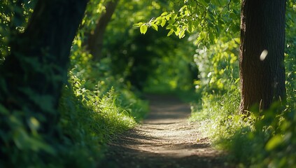 Fototapeta premium Sun-Dappled Path Through Lush Green Forest, Ground Level Perspective